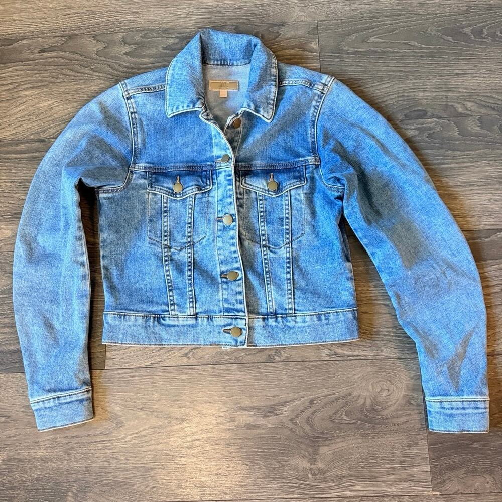 KUT From The Kloth Sz S Denim Trucker Jacket Blue Wash Cropped Western Classic